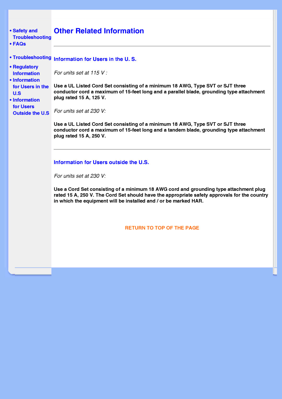 Philips 220VW8 user manual Information for Users in the U. S, Information for Users outside the U.S 