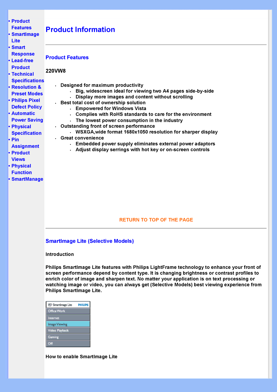 Philips 220VW8 user manual Product Features, SmartImage Lite Selective Models 