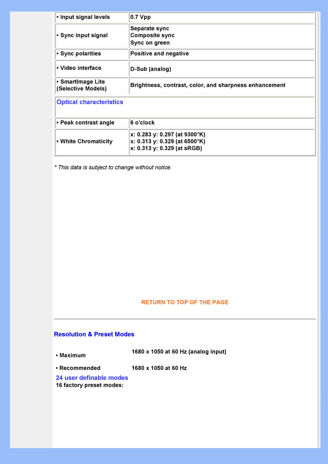 Philips 220VW8 user manual Optical characteristics, Resolution & Preset Modes 