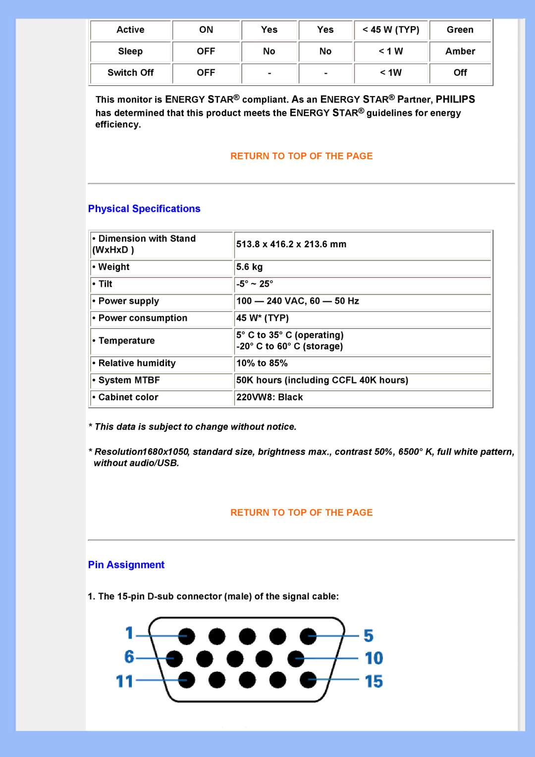 Philips 220VW8 user manual Physical Specifications, Pin Assignment 