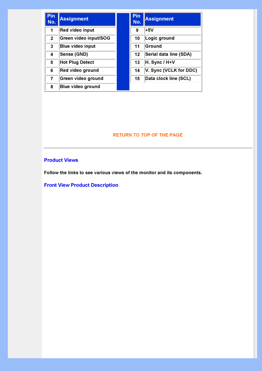 Philips 220VW8 user manual Product Views, Front View Product Description 