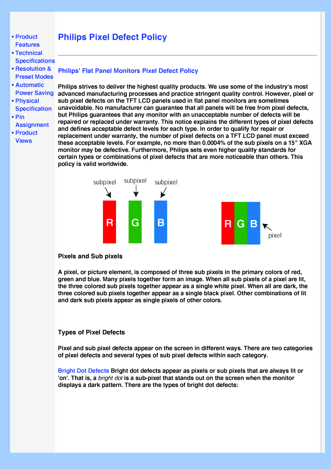 Philips 220VW8 user manual Philips Flat Panel Monitors Pixel Defect Policy, Pixels and Sub pixels, Types of Pixel Defects 