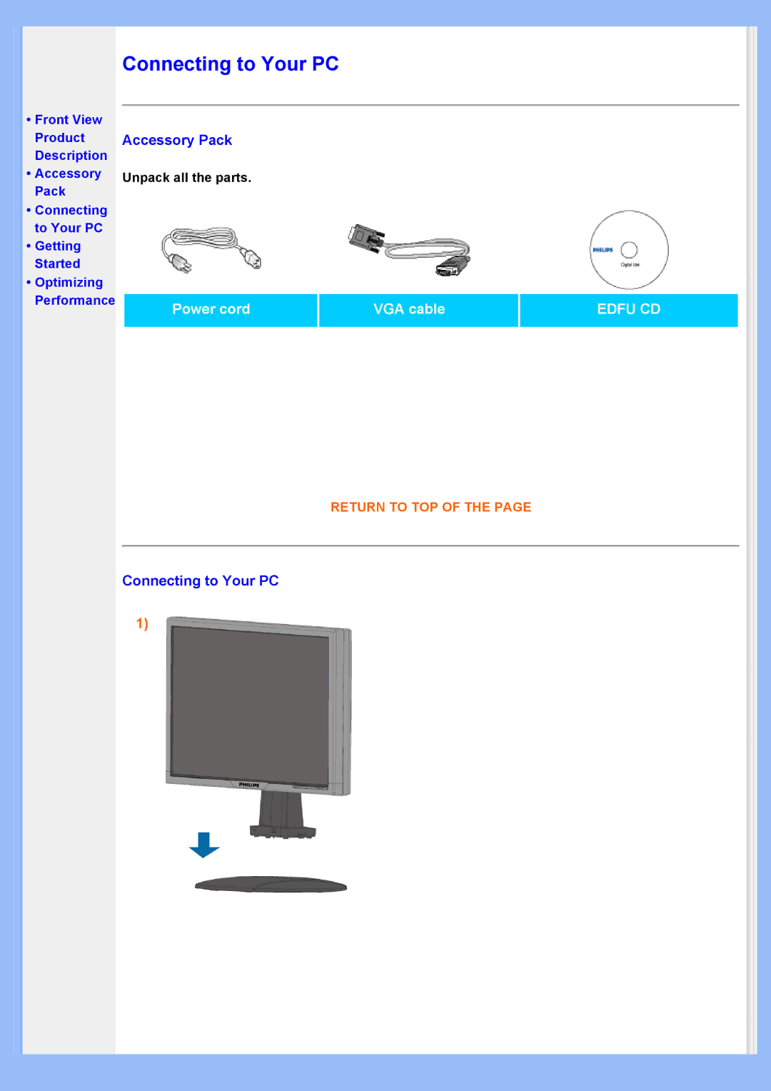 Philips 220VW8 user manual Accessory Pack, Connecting to Your PC 