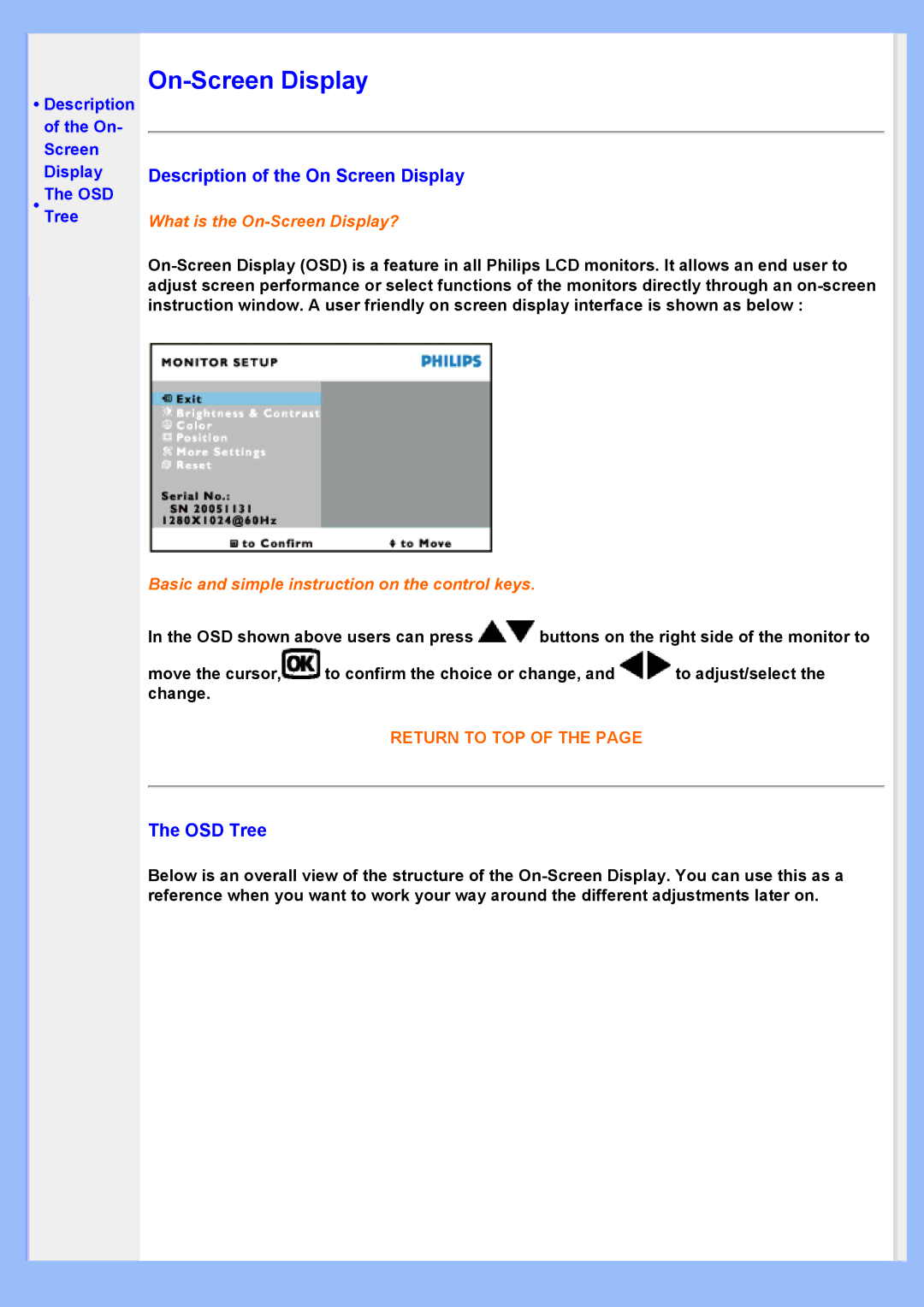 Philips 220VW8 user manual Description of the On Screen Display, OSD Tree 