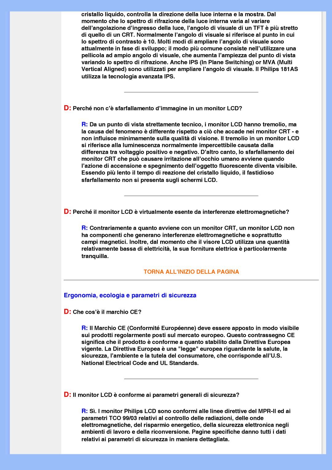 Philips 220VW8 user manual Ergonomia, ecologia e parametri di sicurezza, Torna Allinizio Della Pagina 