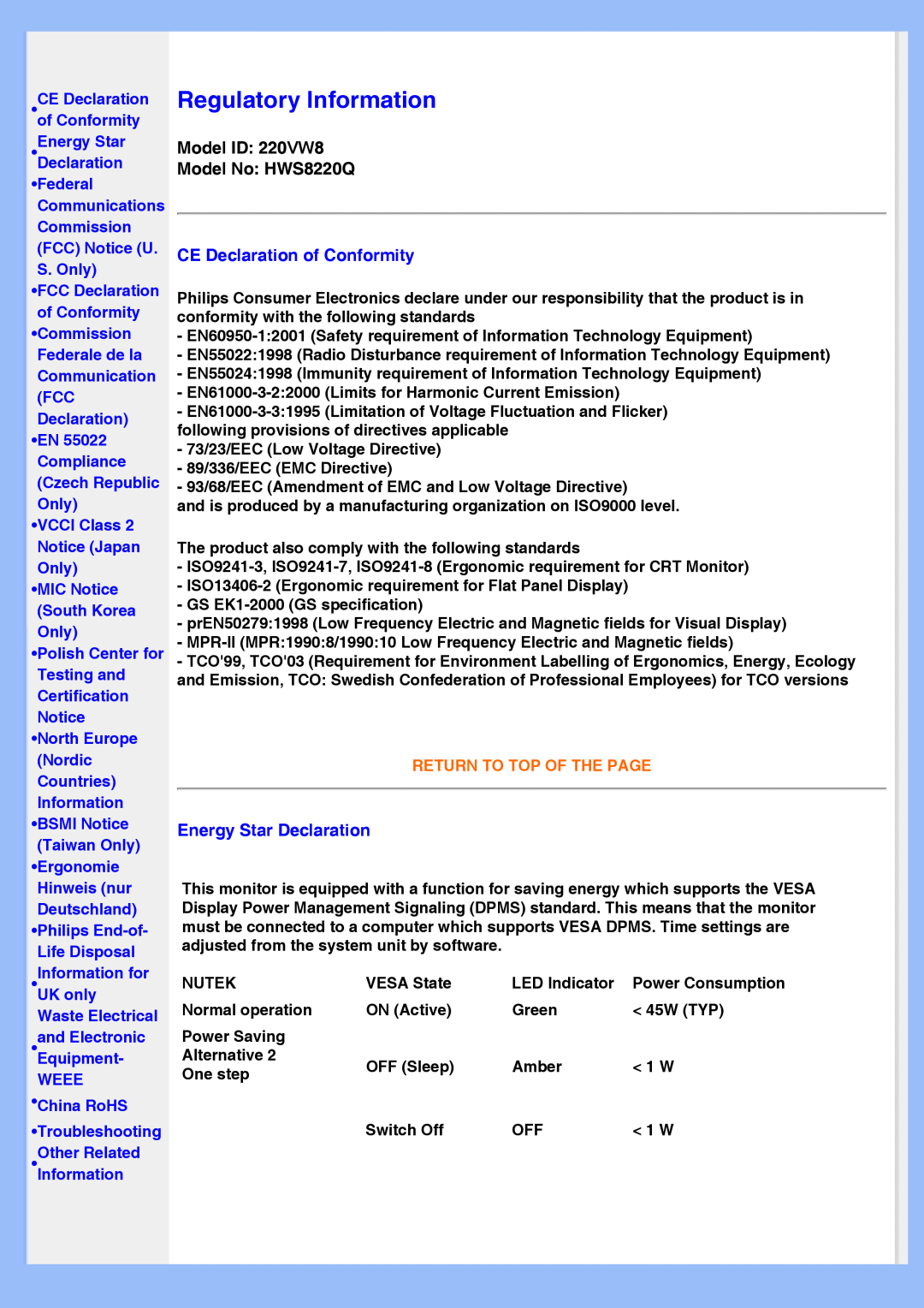 Philips Regulatory Information, Model ID: 220VW8 Model No: HWS8220Q, CE Declaration of Conformity, •Energy Star 