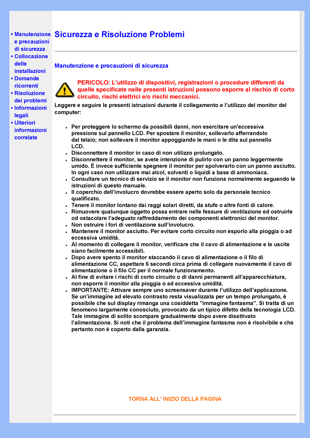 Philips 220VW8 user manual Sicurezza e Risoluzione Problemi, Manutenzione e precauzioni di sicurezza, •Domande ricorrenti 