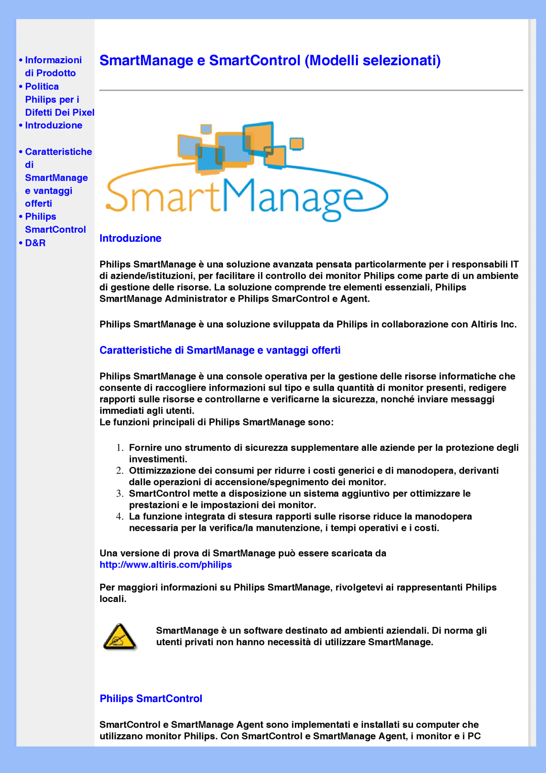Philips 220VW8 user manual SmartManage e SmartControl Modelli selezionati, Philips SmartControl, •Introduzione, •D&R 