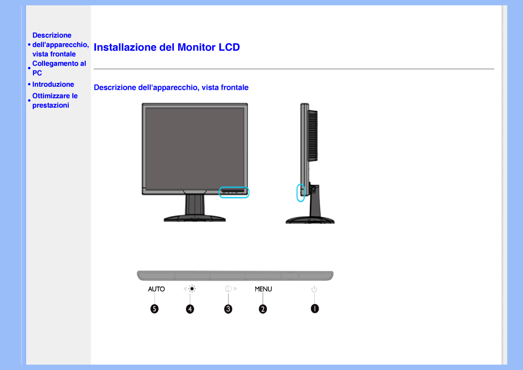 Philips 220VW8 user manual Installazione del Monitor LCD, Descrizione dellapparecchio, vista frontale, •Introduzione 
