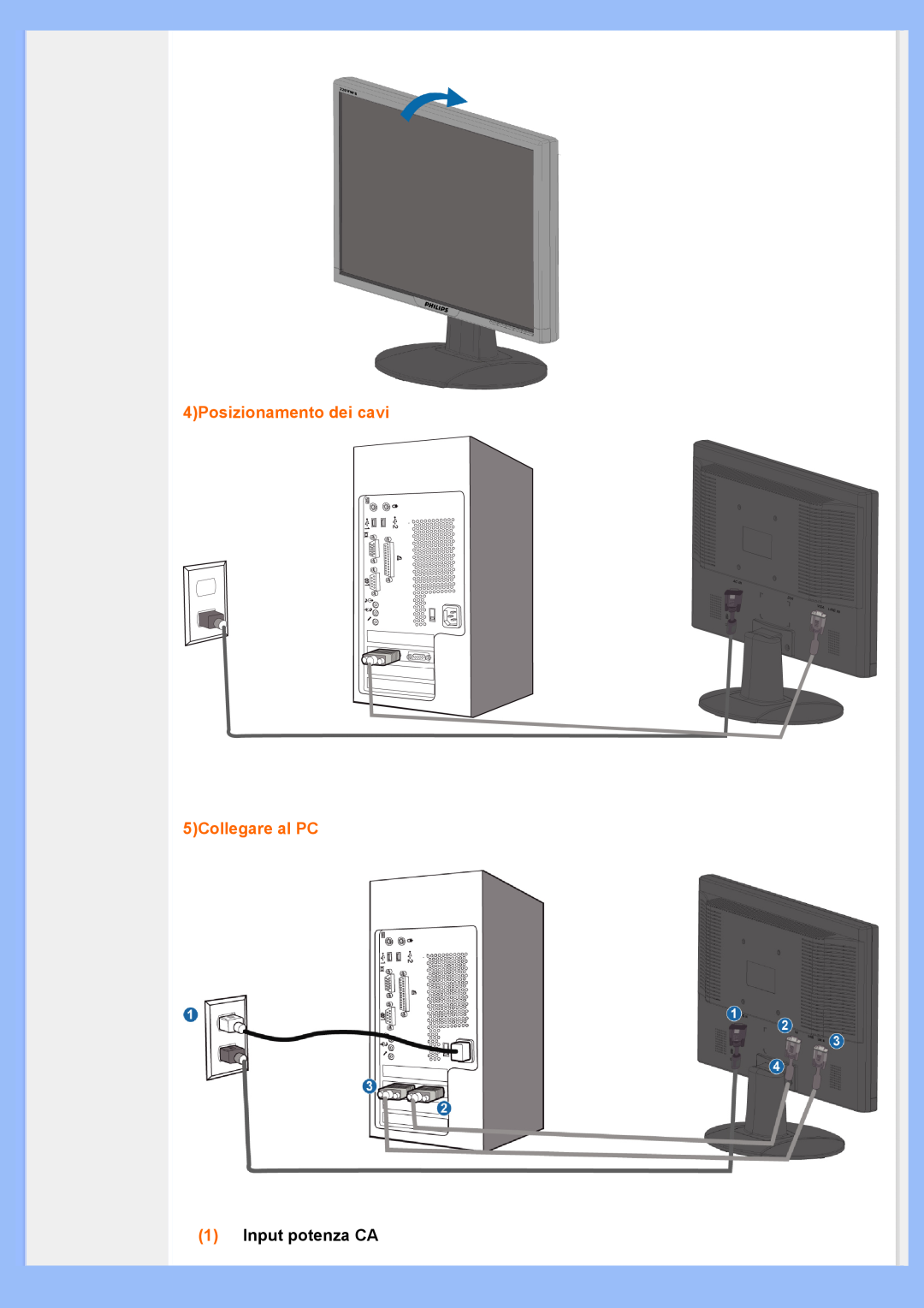 Philips 220VW8 user manual 4Posizionamento dei cavi 5Collegare al PC, 1Input potenza CA 