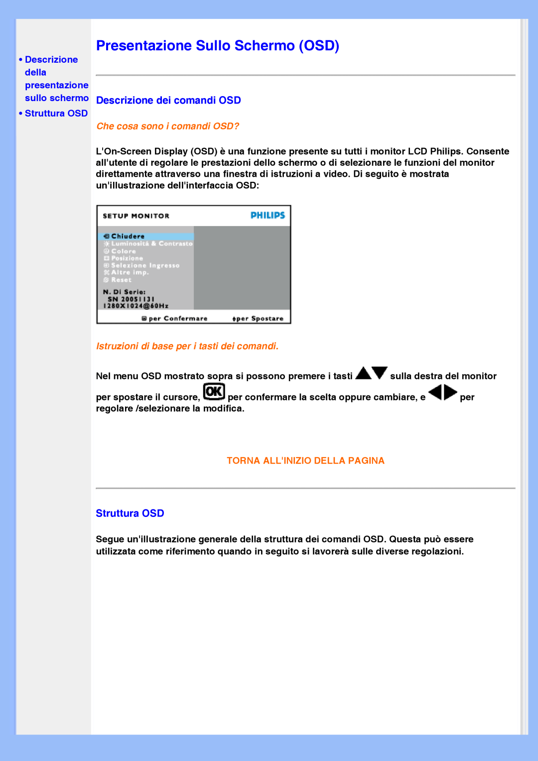 Philips 220VW8 user manual Presentazione Sullo Schermo OSD, Descrizione dei comandi OSD, • Struttura OSD 