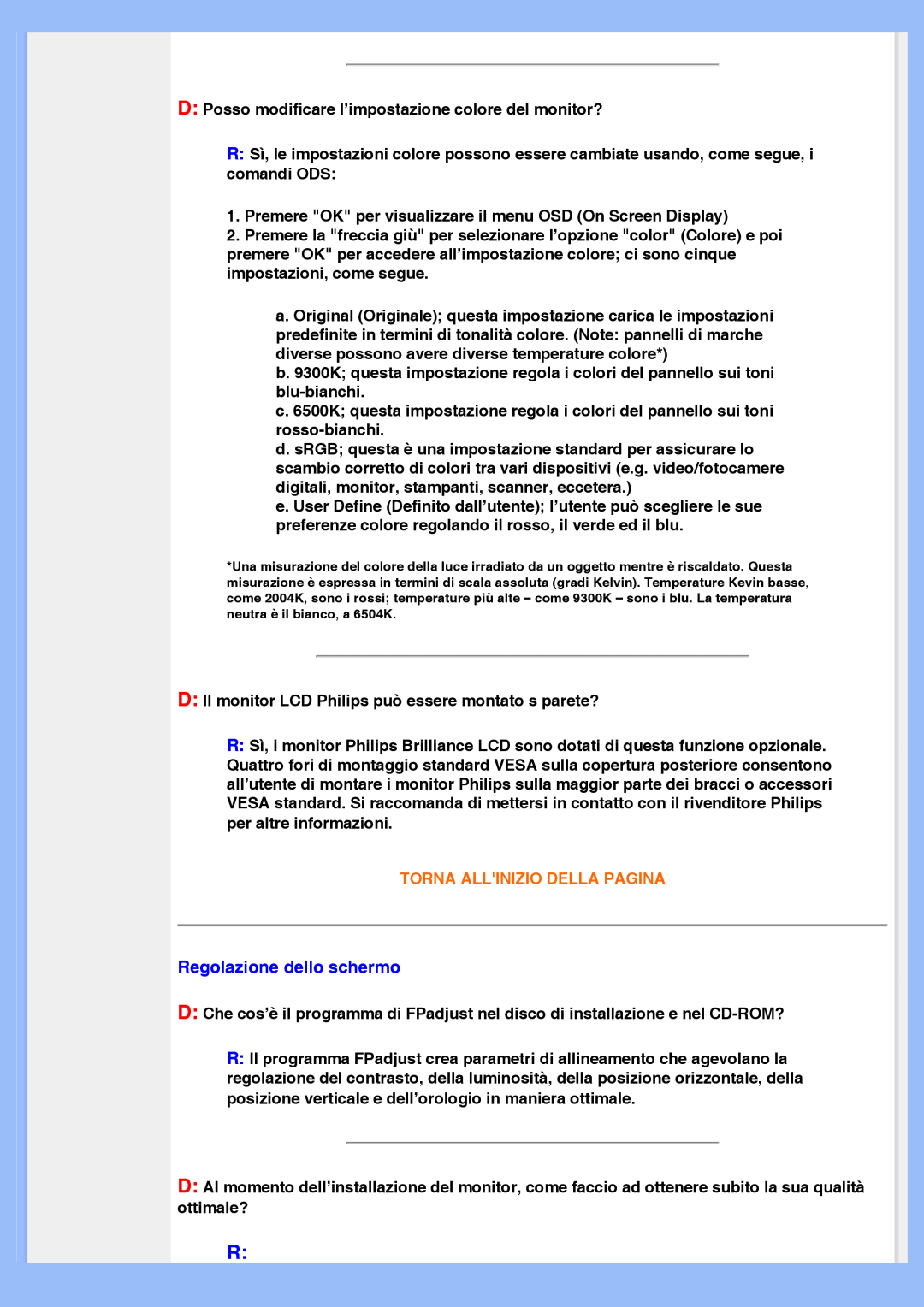 Philips 220VW8 user manual Regolazione dello schermo, Torna Allinizio Della Pagina 