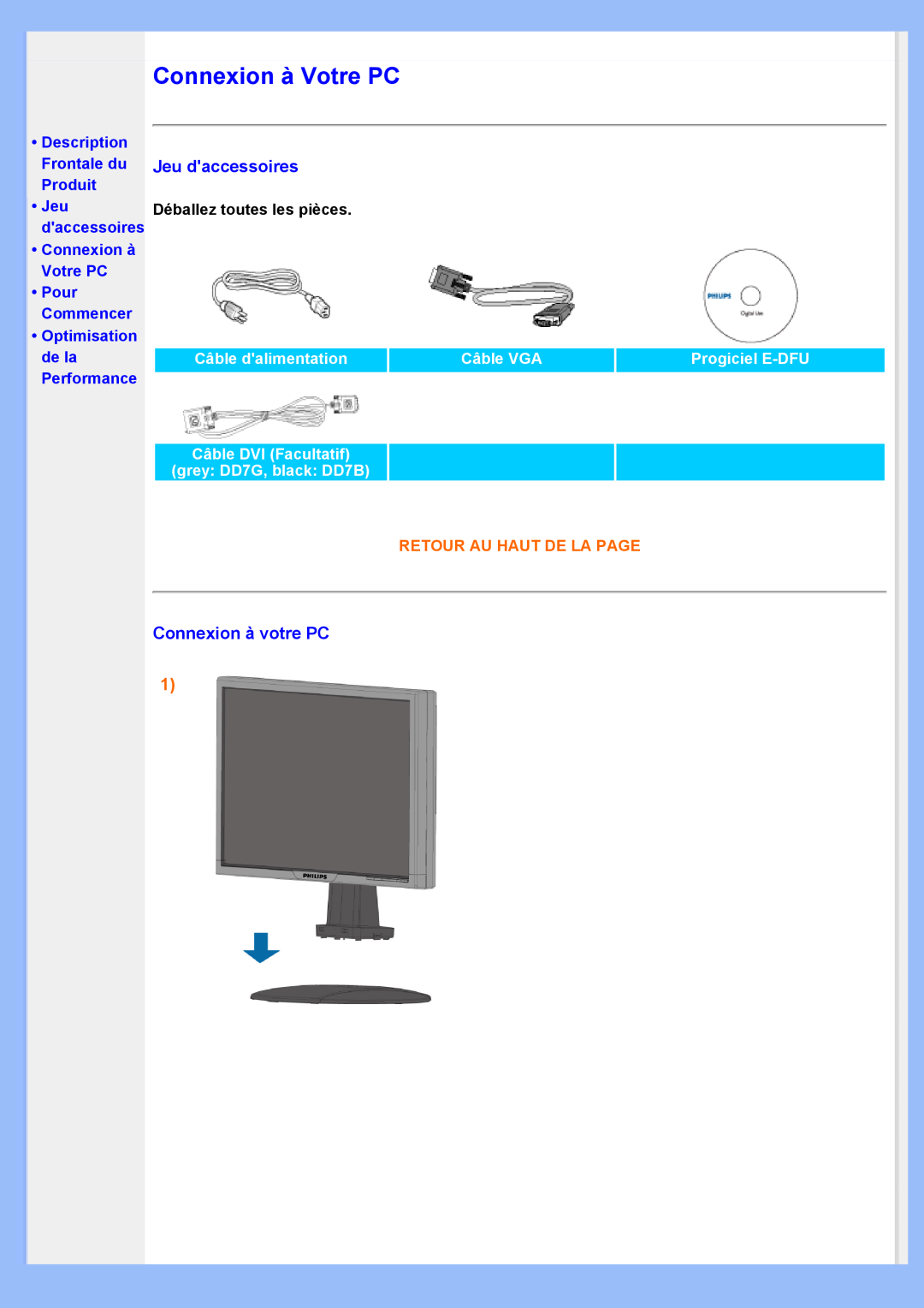 Philips 220VW8 Description Frontale du Produit Jeu daccessoires Connexion à Votre PC, Câble dalimentation, Câble VGA 