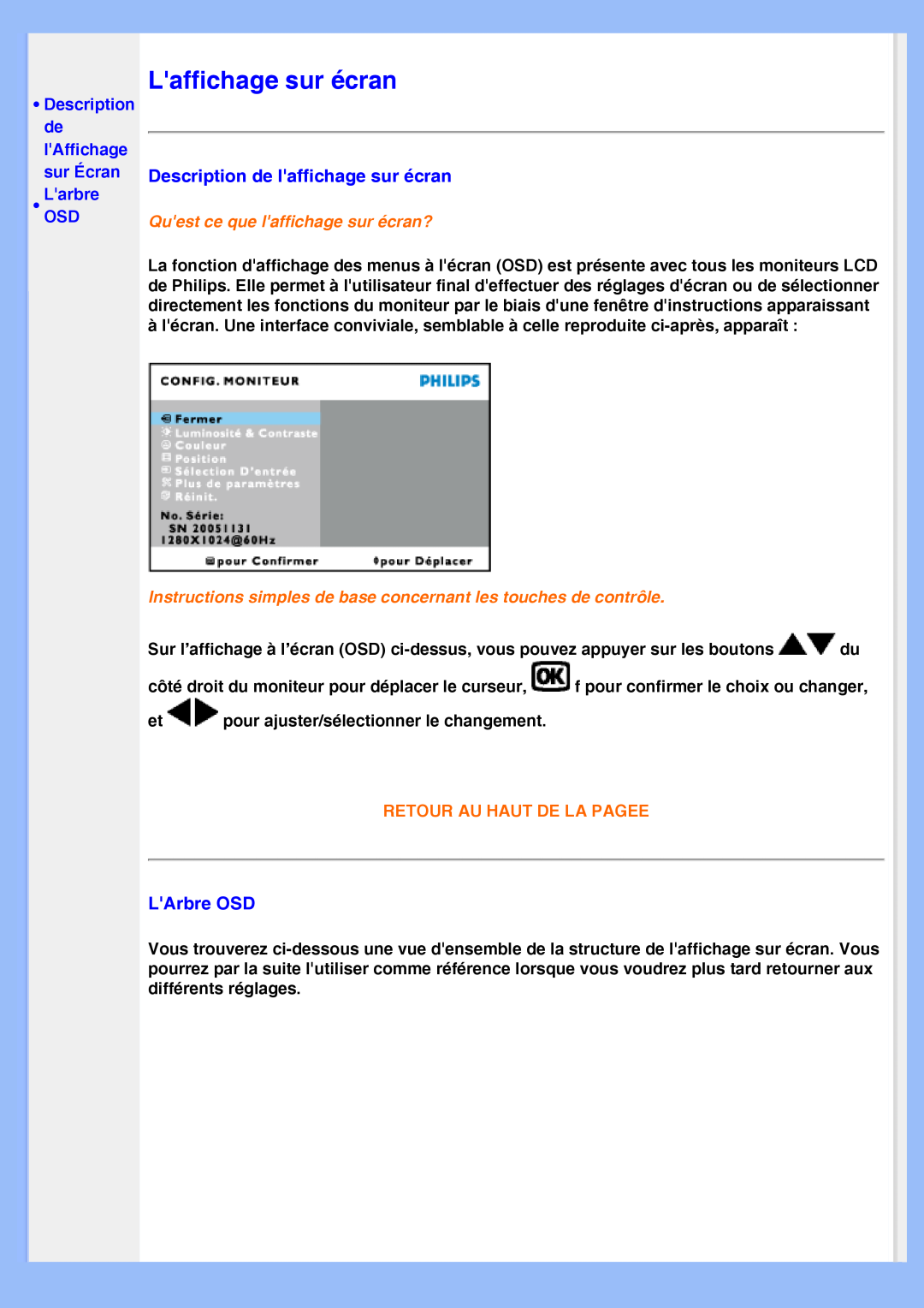 Philips 220VW8 user manual Laffichage sur écran, LarbreOSD, Quest ce que laffichage sur écran?, Retour Au Haut De La Pagee 