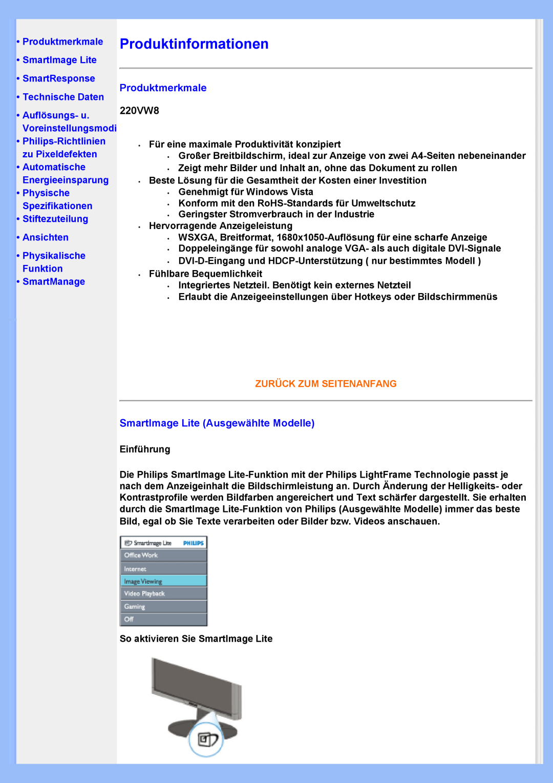 Philips 220VW8 user manual Produktinformationen, Produktmerkmale, SmartImage Lite Ausgewählte Modelle, •Technische Daten 