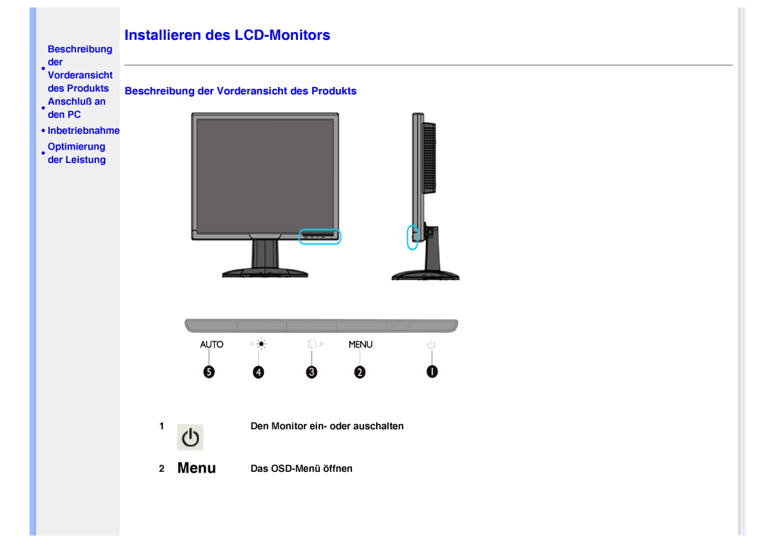 Philips 220VW8 Installieren des LCD-Monitors, Menu, Beschreibung der Vorderansicht des Produkts, •Optimierung der Leistung 