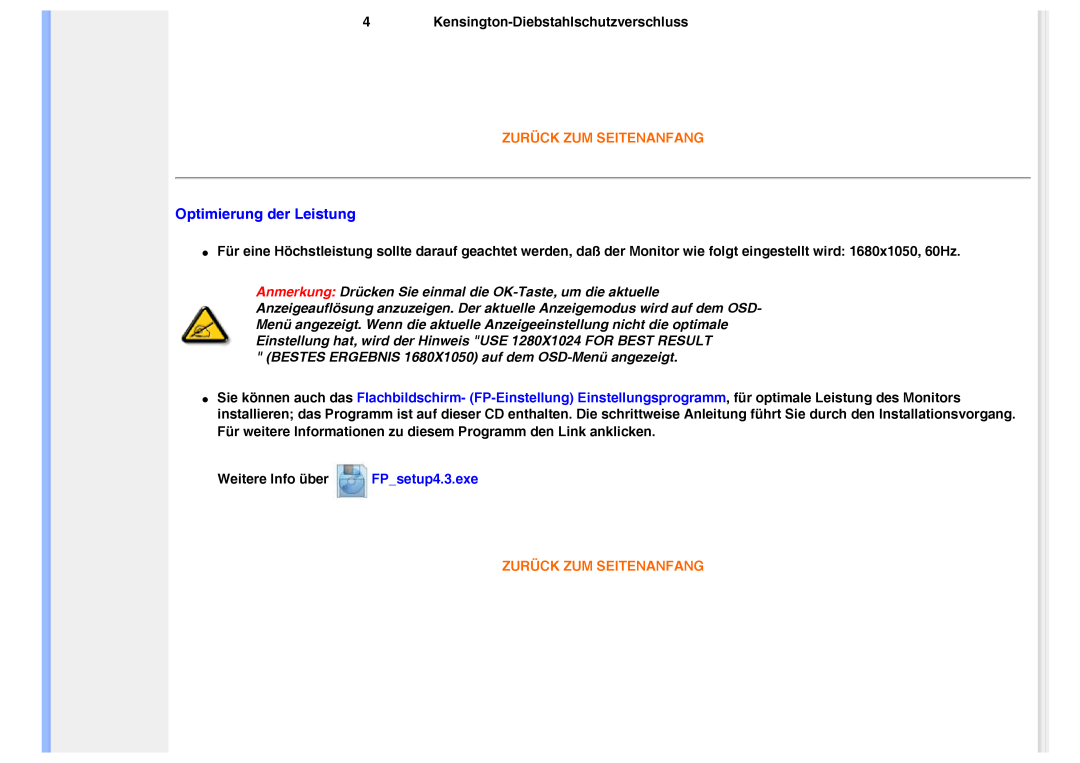 Philips 220VW8 user manual Optimierung der Leistung, Zurück Zum Seitenanfang 
