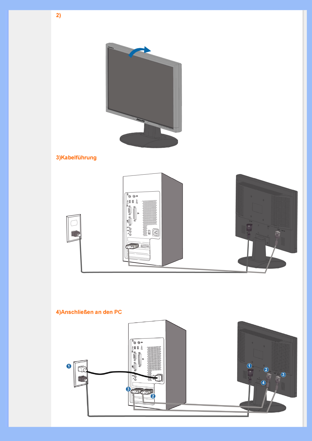 Philips 220VW8 user manual 2 3Kabelführung 4Anschließen an den PC 