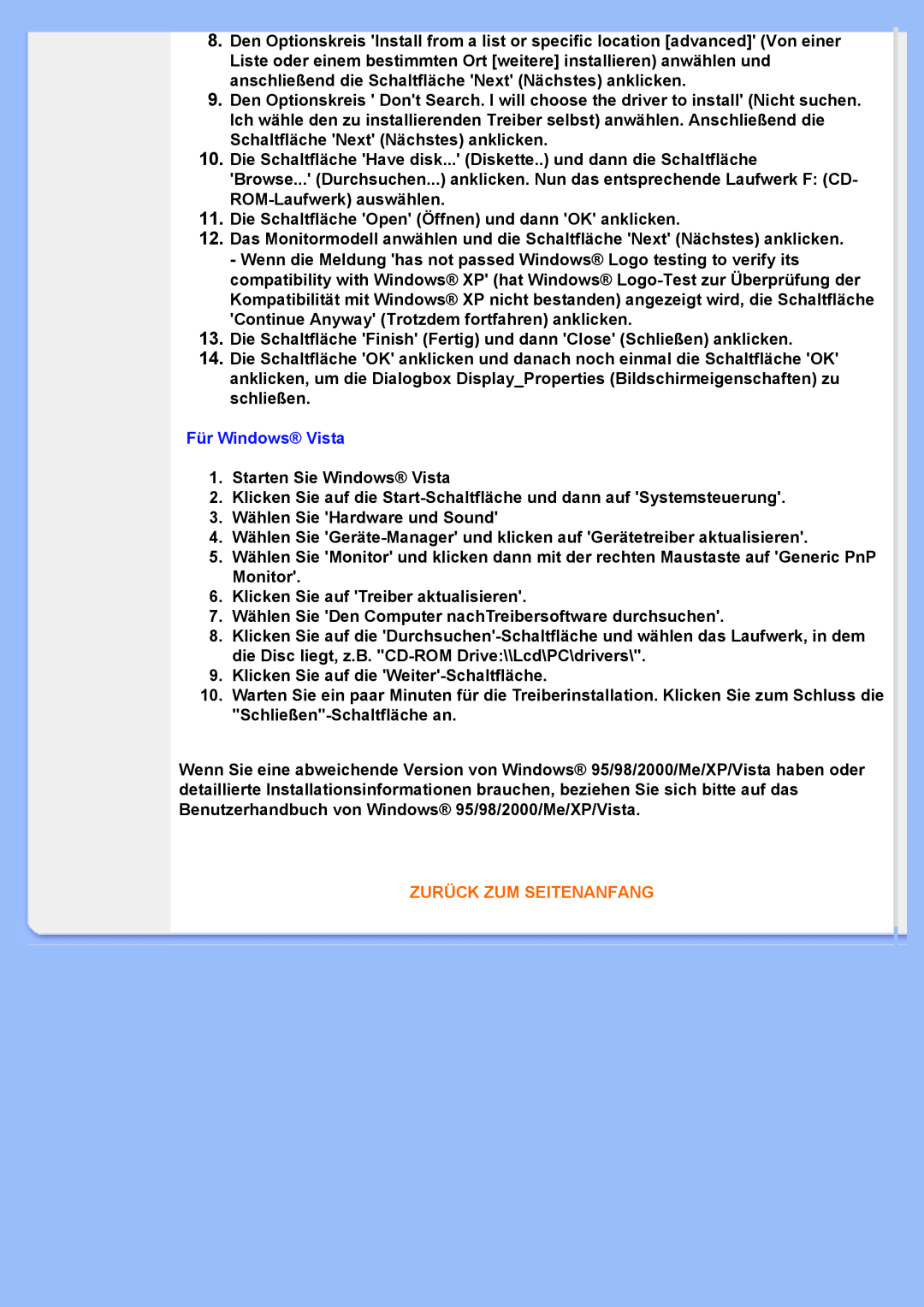 Philips 220VW8 user manual Für Windows Vista, Starten Sie Windows Vista, Zurück Zum Seitenanfang 