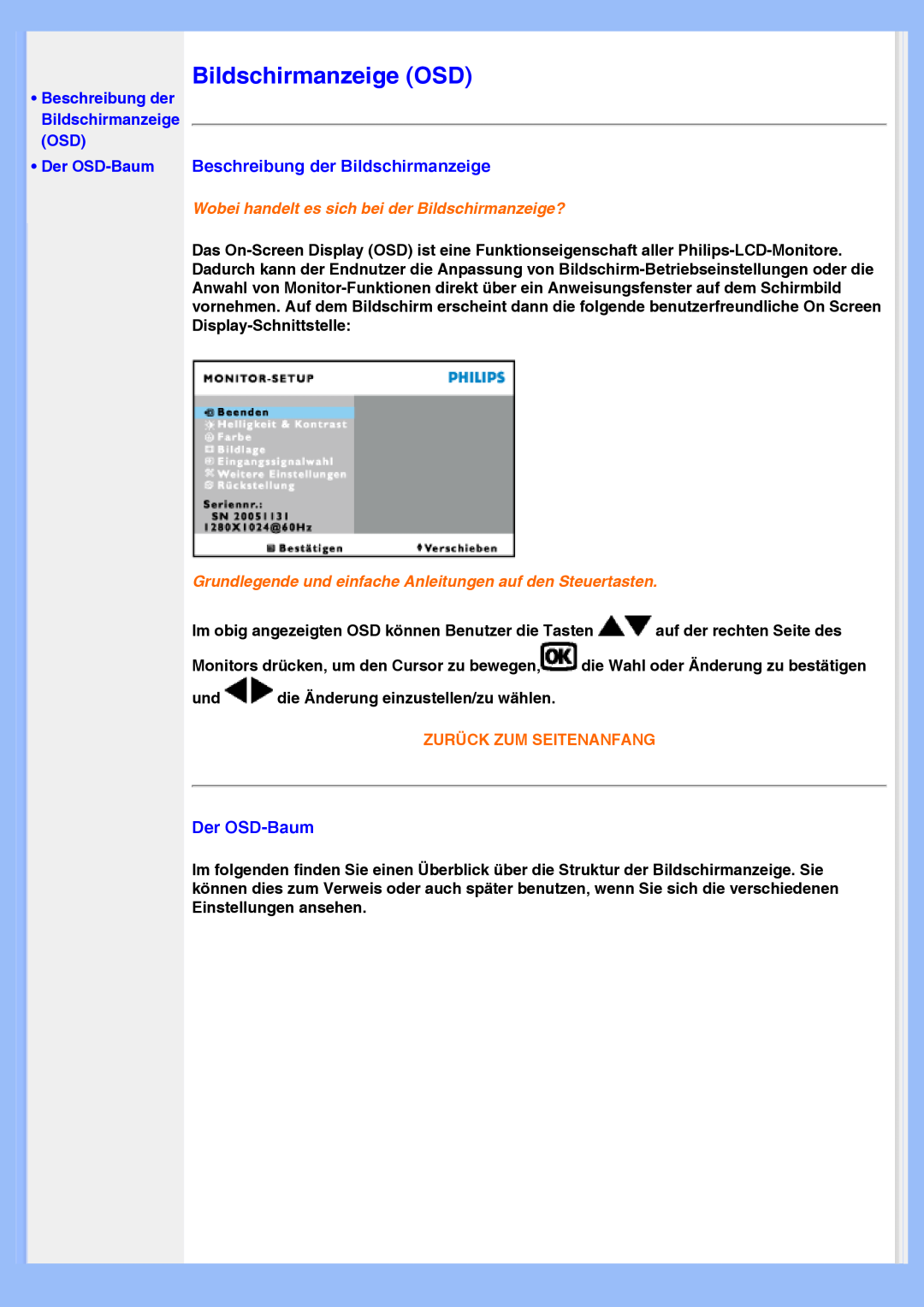 Philips 220VW8 Bildschirmanzeige OSD, Beschreibung der Bildschirmanzeige, •Der OSD-Baum, Zurück Zum Seitenanfang 