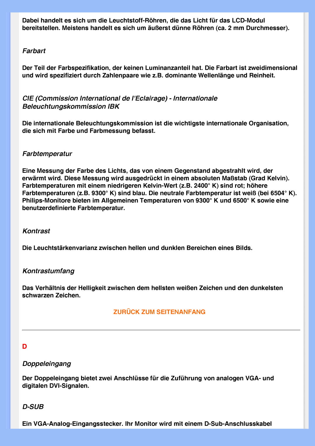 Philips 220VW8 user manual Farbart, Beleuchtungskommission IBK, Farbtemperatur, Kontrastumfang, Doppeleingang, D-Sub 