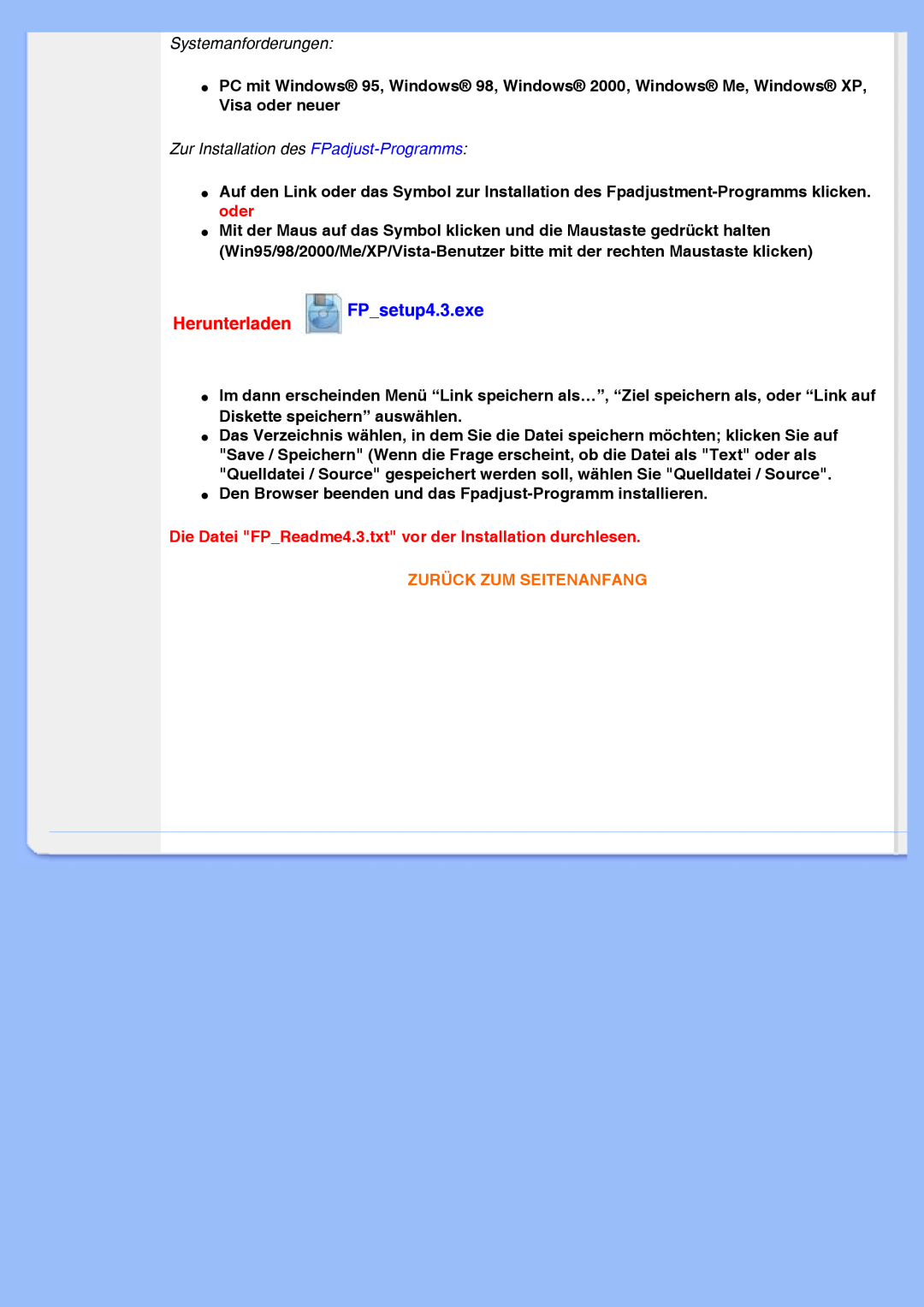 Philips 220VW8 user manual Herunterladen, FP_setup4.3.exe, Zurück Zum Seitenanfang 