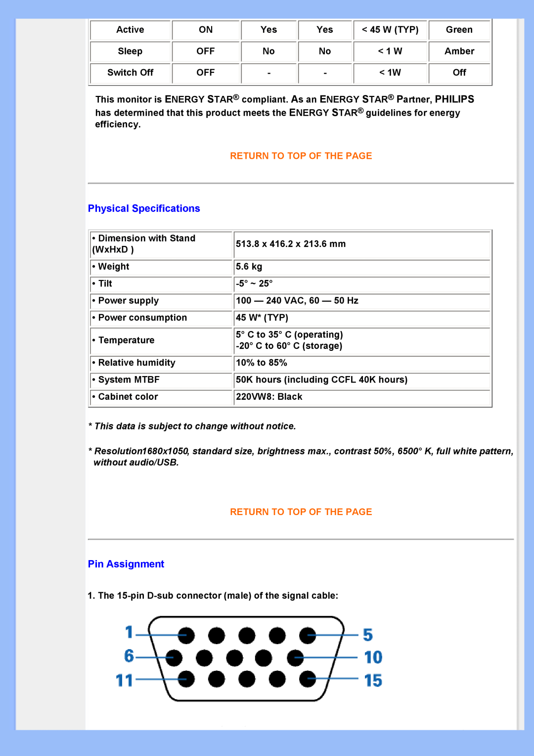 Philips 220VW8 user manual Physical Specifications, Pin Assignment, Return To Top Of The Page 