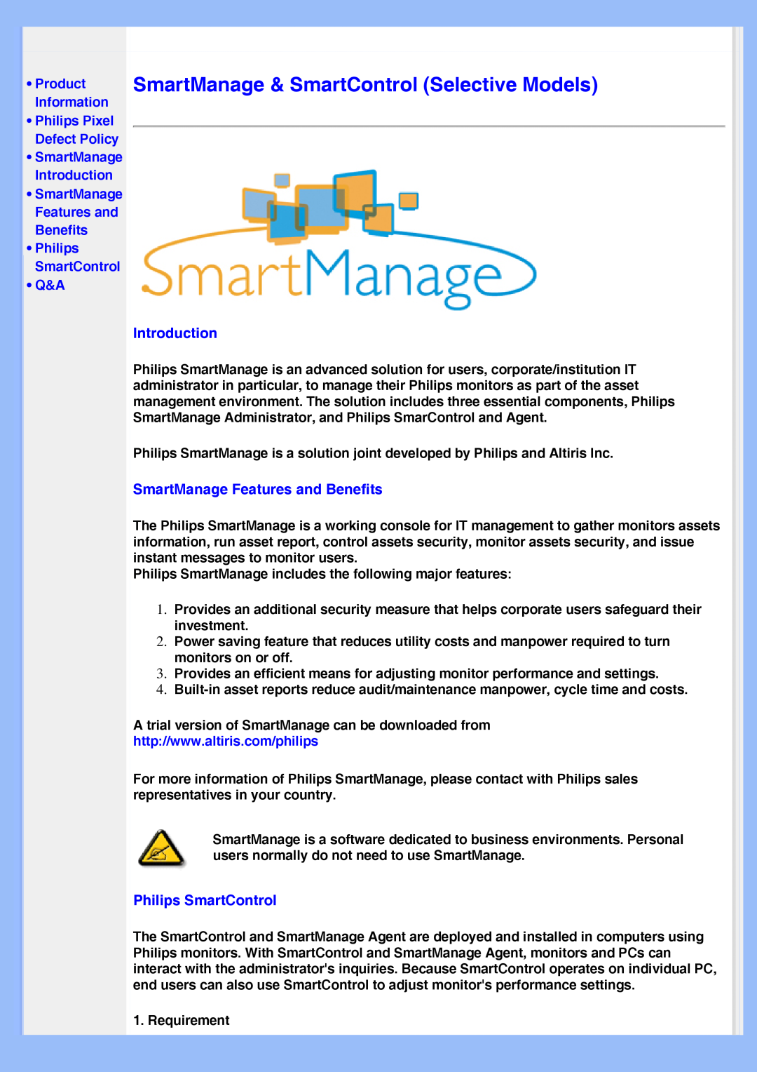 Philips 220VW8 user manual SmartManage & SmartControl Selective Models, Introduction, SmartManage Features and Benefits 