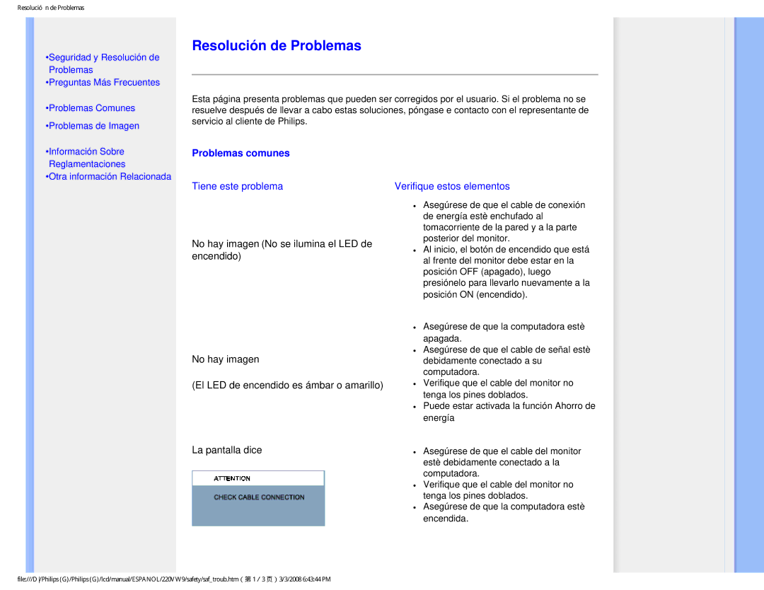 Philips 220VW9 user manual Resolución de Problemas, Problemas comunes 