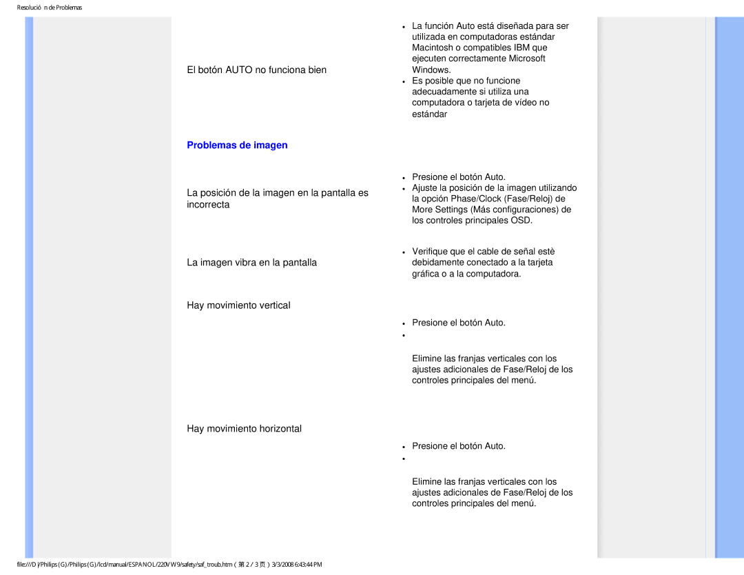 Philips 220VW9 user manual Problemas de imagen 