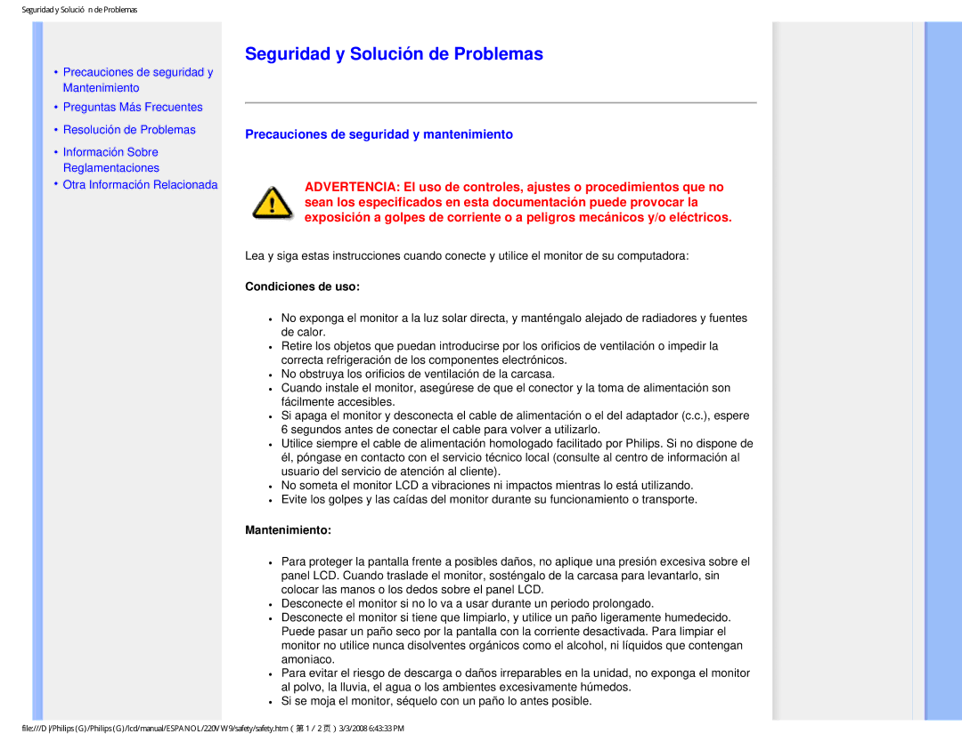 Philips 220VW9 user manual Seguridad y Solución de Problemas, Precauciones de seguridad y mantenimiento, Condiciones de uso 