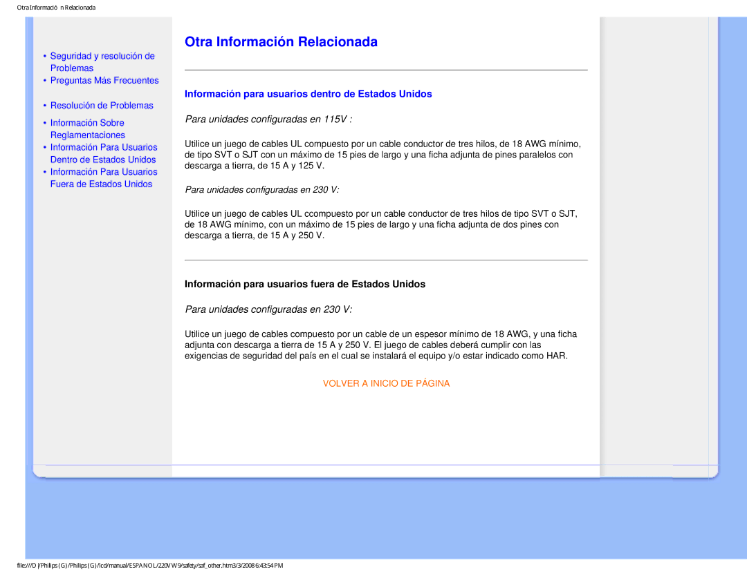 Philips 220VW9 user manual Otra Información Relacionada, Información para usuarios dentro de Estados Unidos 