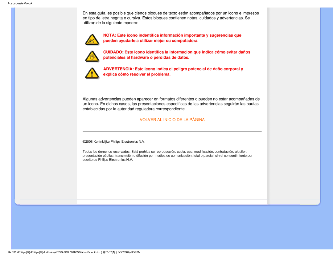 Philips 220VW9 user manual Volver AL Inicio DE LA Página 