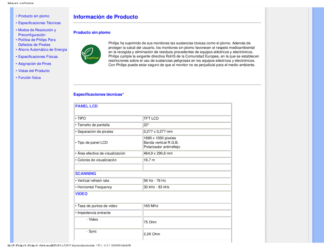 Philips 220VW9 user manual Producto sin plomo, Especificaciones técnicas 