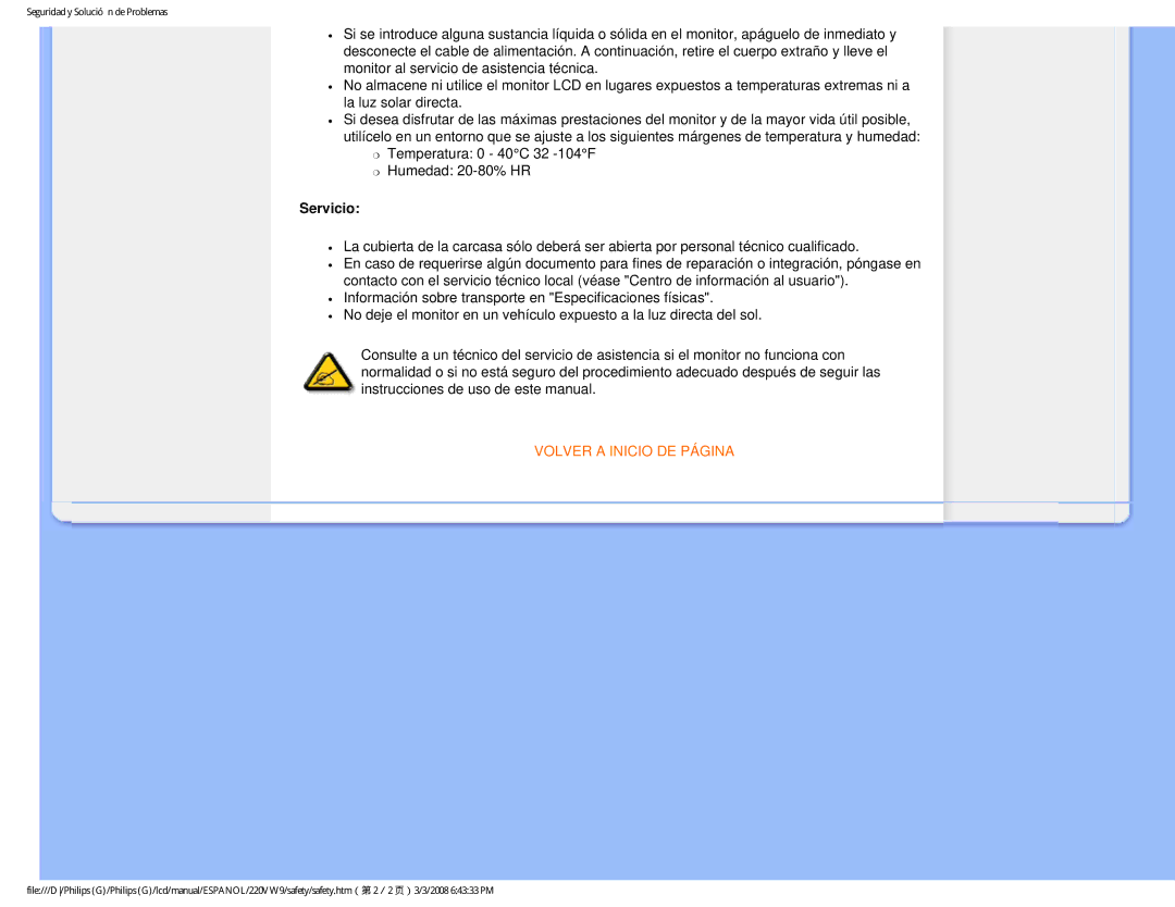 Philips 220VW9 user manual Servicio, Volver a Inicio DE Página 