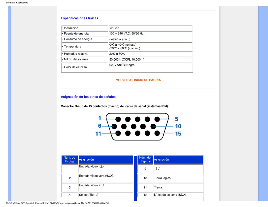 Philips 220VW9 user manual Especificaciones físicas, Asignación de los pines de señales 