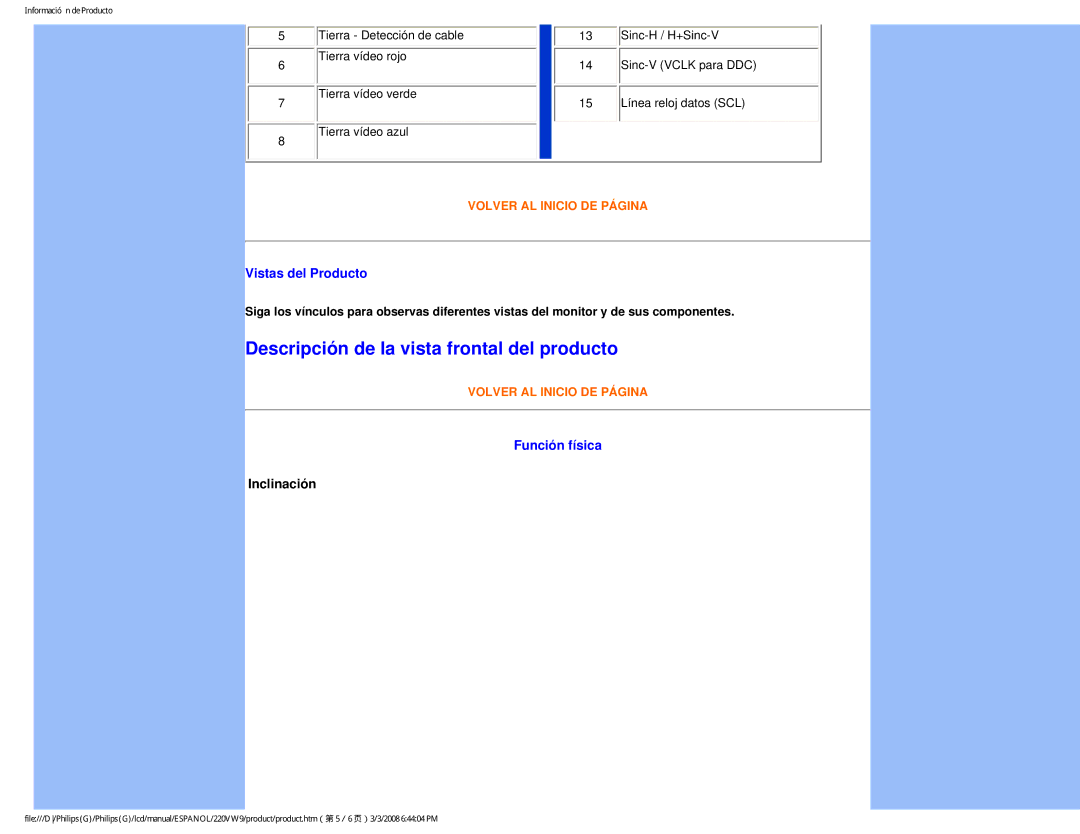 Philips 220VW9 user manual Vistas del Producto, Función física, Inclinación 