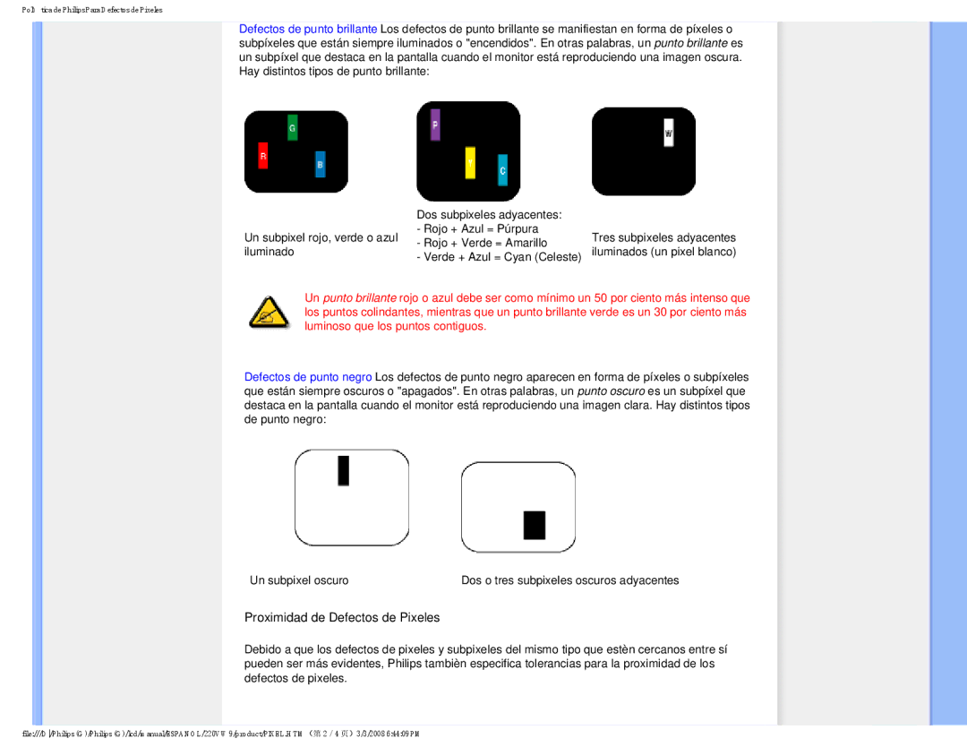 Philips 220VW9 user manual Proximidad de Defectos de Pixeles 