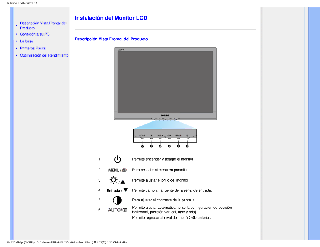 Philips 220VW9 user manual Instalación del Monitor LCD, Descripción Vista Frontal del Producto 