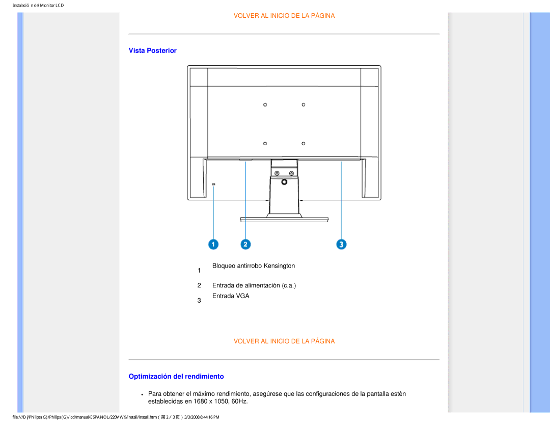 Philips 220VW9 user manual Vista Posterior, Optimización del rendimiento 