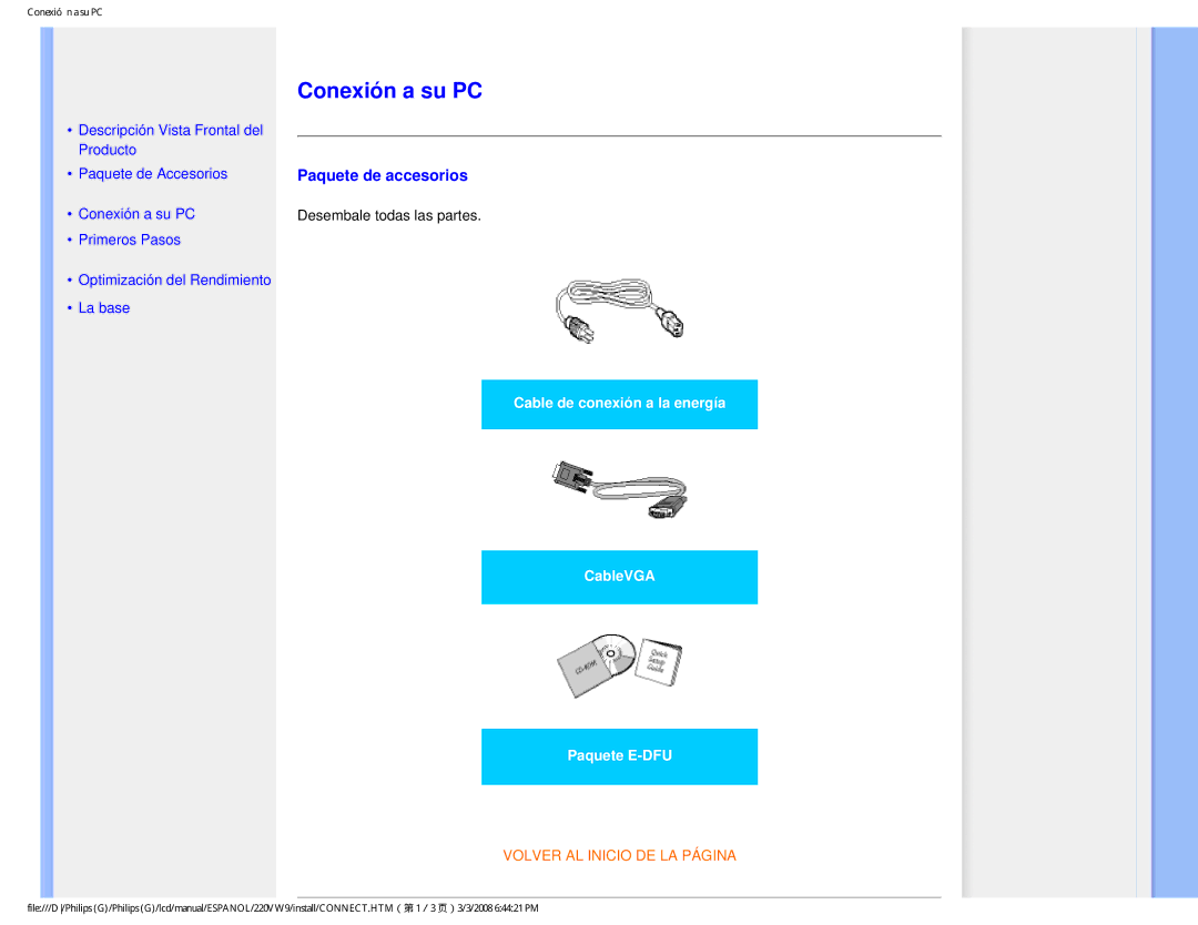 Philips 220VW9 user manual Conexión a su PC, Paquete de accesorios 