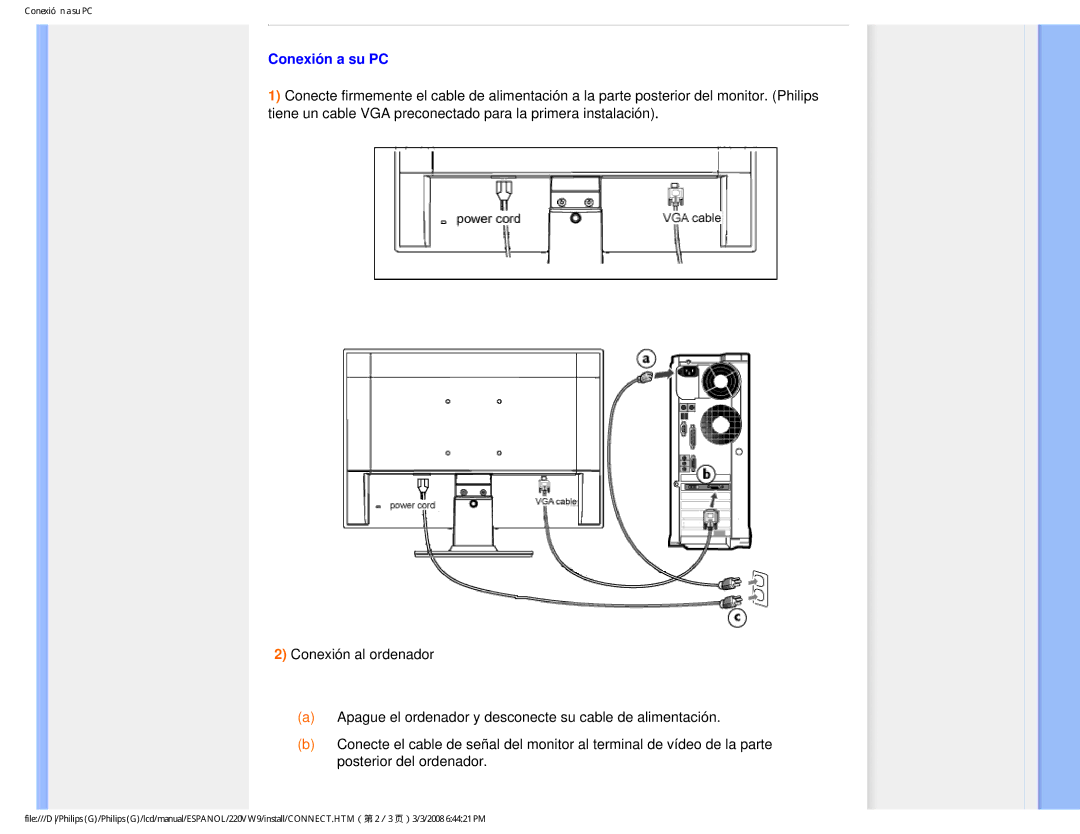 Philips 220VW9 user manual Conexión a su PC 