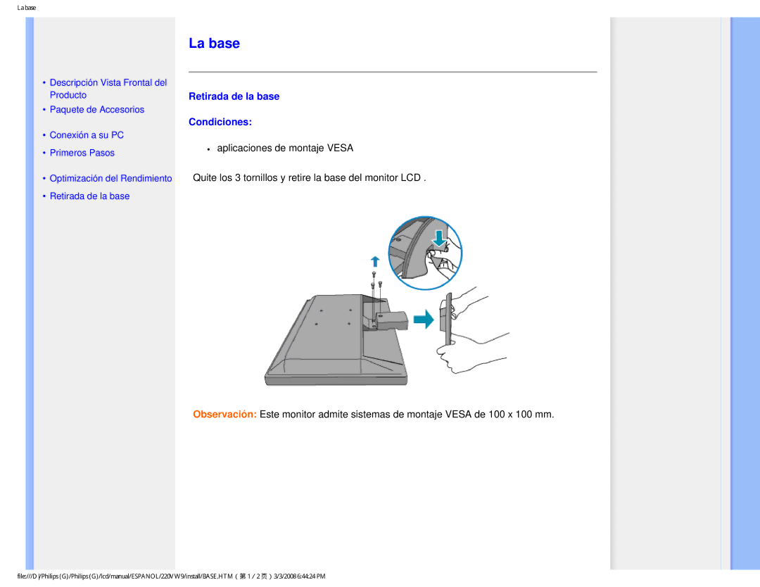 Philips 220VW9 user manual La base, Retirada de la base Condiciones 