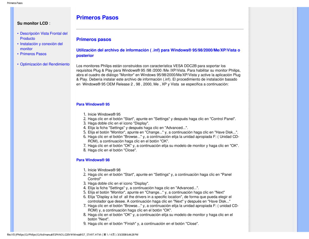 Philips 220VW9 user manual Primeros Pasos, Para Windows 