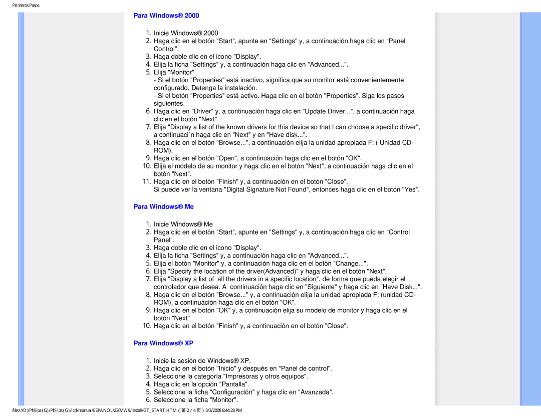 Philips 220VW9 user manual Para Windows Me, Para Windows XP 