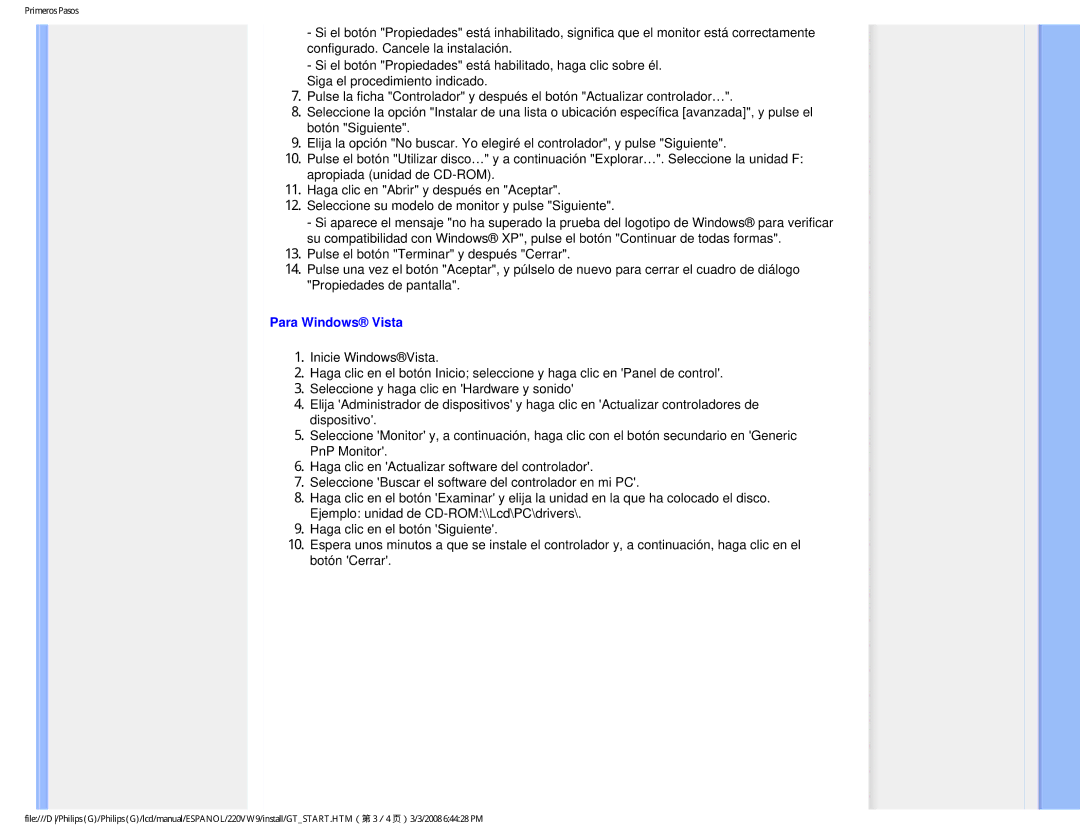 Philips 220VW9 user manual Para Windows Vista 