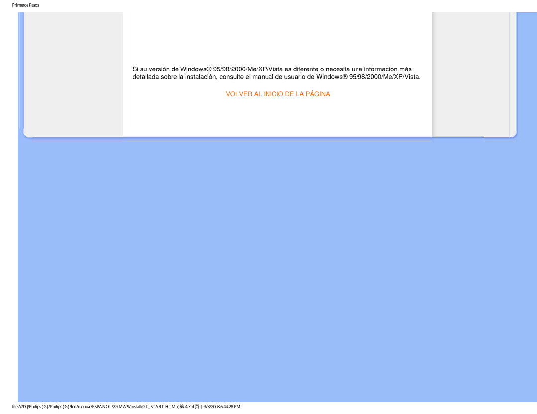 Philips 220VW9 user manual Volver AL Inicio DE LA Página 