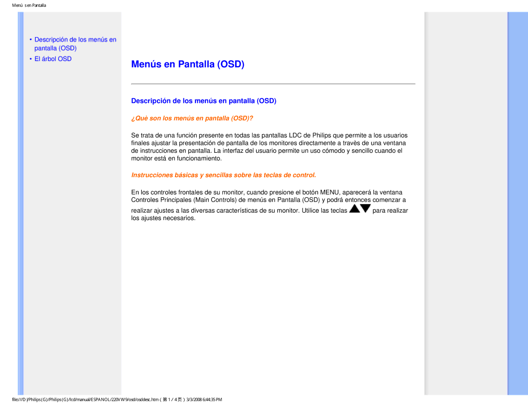 Philips 220VW9 user manual Menús en Pantalla OSD, Descripción de los menús en pantalla OSD 