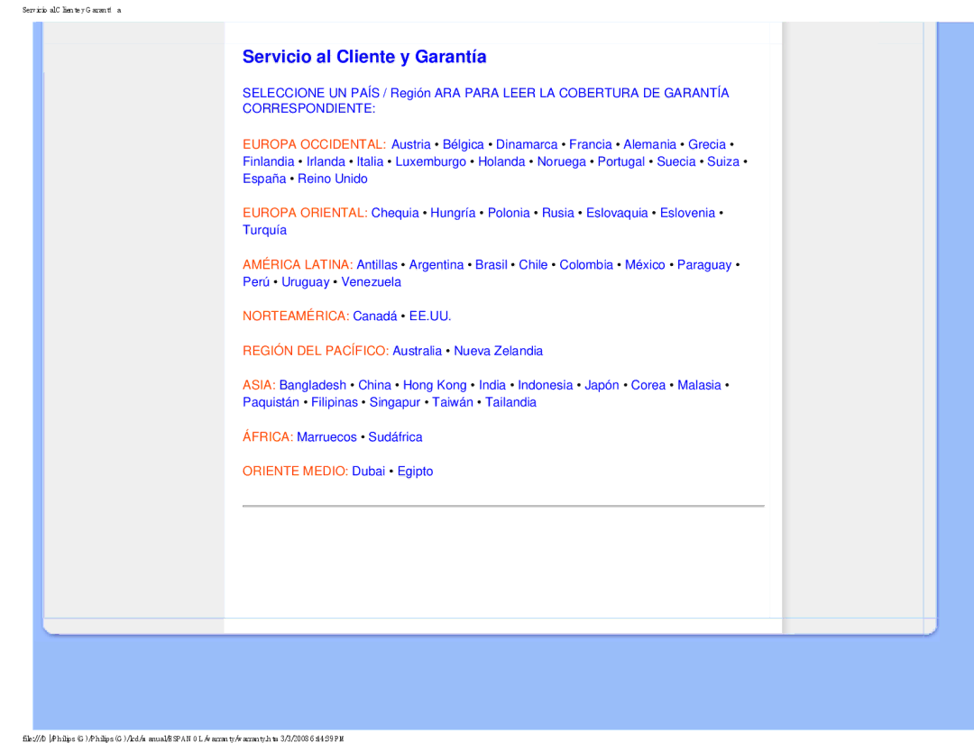 Philips 220VW9 user manual Servicio al Cliente y Garantía, Correspondiente 