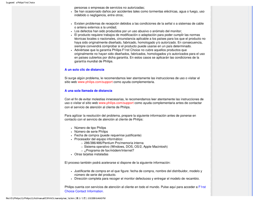 Philips 220VW9 user manual Un solo clic de distancia Una sola llamada de distancia, Choice Contact Information 